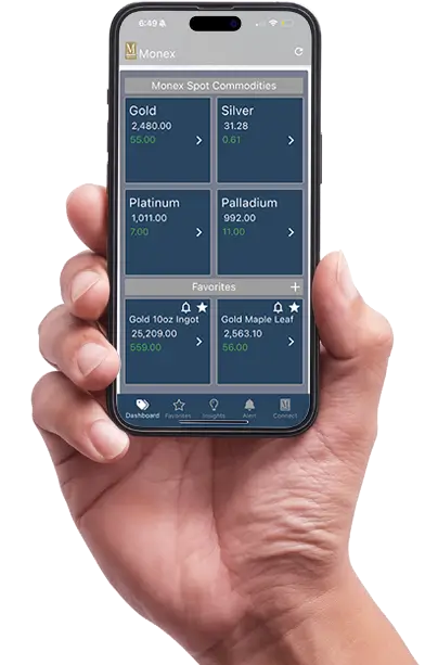 Hand Holding Mobile Phone with Monex App on screen